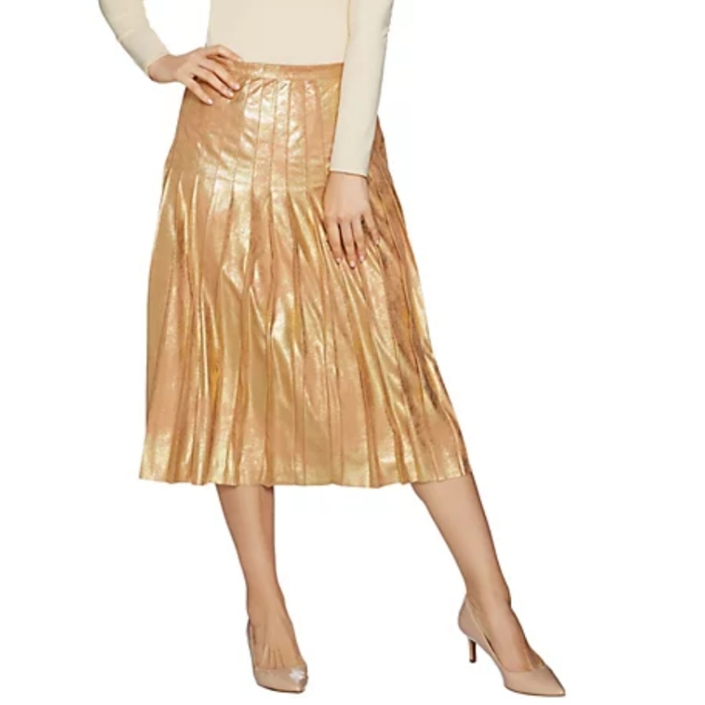 Du Jour Metallic Faux Suede Pleated Midi Skirt